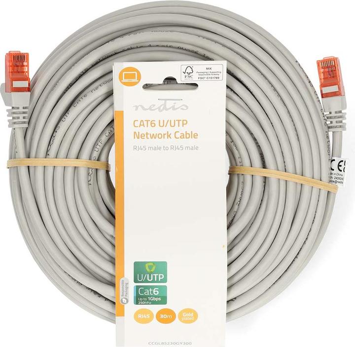 Produktbild Nedis CAT6-Netzwerkkabel - RJ45 Stecker - RJ45 Stecker - U/UTP - 30.0 m - Rund - PVC - Grau - Label (U/UTP, CAT6, 30 m)