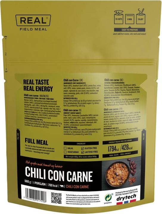 Nährwerte und Zutaten REAL Field Meal Chili con carne (163 g)