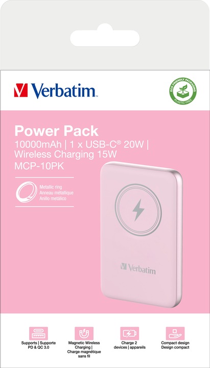 Produktbild Verbatim Charge 'n' Go Magnetic Wireless Powerbank 10.000mAh pink (10000 mAh, 20 W, 37 Wh)
