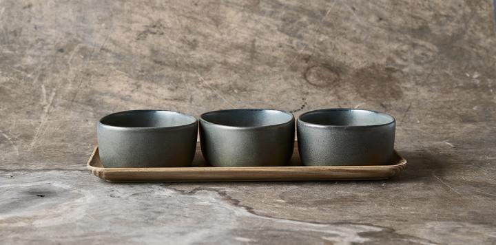Produktbild Aida RAW crafted - 3 x Organic bowls on teakwooden board - Northern green (15810) (3 x)