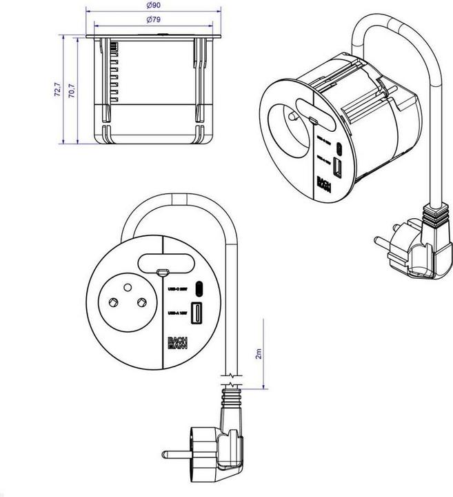 Actual product image Bachmann LOOP IN CHARGE UTE socket outlet USB A/C angled plug, black (938.202) (3x, CEE 7/3, CEE 7/5, 2 m)