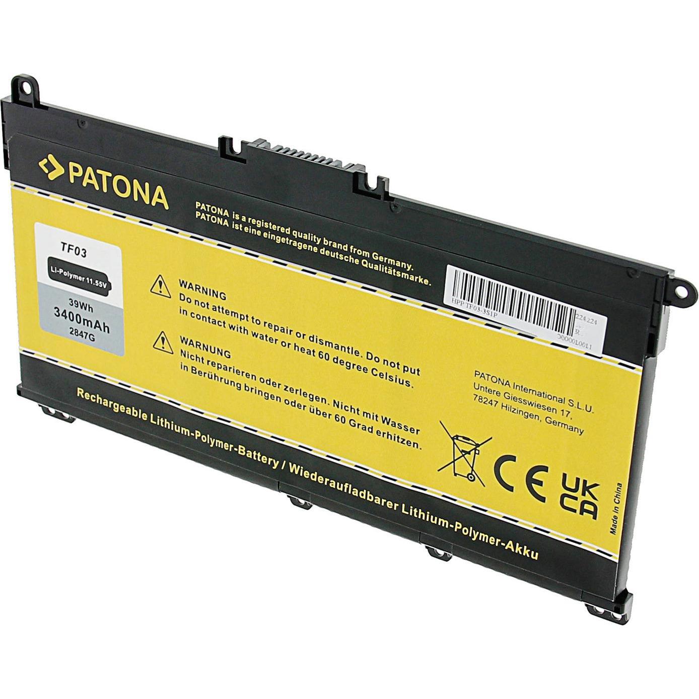 Patona Batteria HP Pavilion 14/15 Series TF03 (3400 mAh), Batteria per notebook, Nero