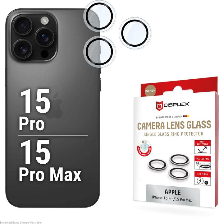 Productafbeelding Displex Premium Camera Lens Glass, Kamera Schutzglas, Einzelringe (1 Stuk, Apple iPhone 15 Pro, Apple iPhone 15 Pro Max)
