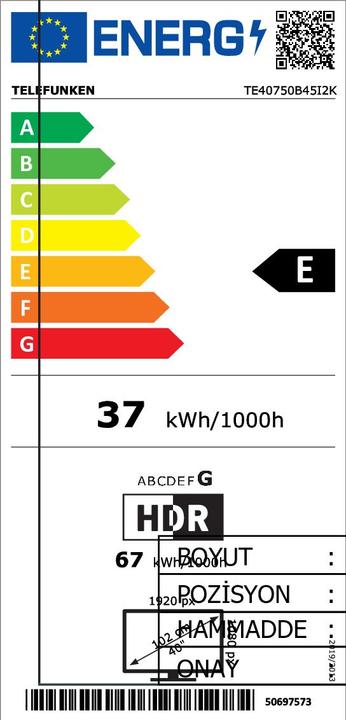 Energy Label Telefunken TE40750B45 40 inch Full Led Tv (40", LCD, Full HD)