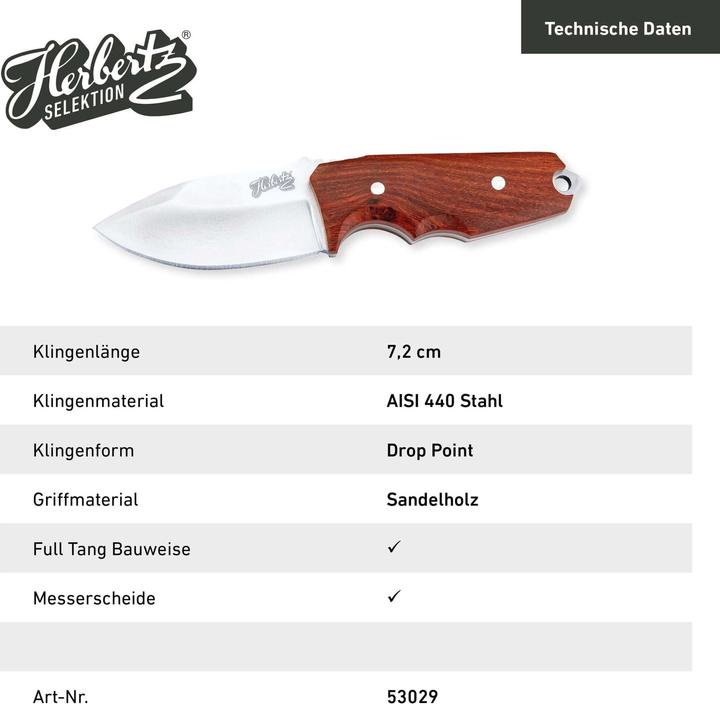 Produktbild Herbertz Selektion Gürtelmesser, AISI 440 Stahl, rostfrei, Full Tang, Sandelholz Heftschalen, Leder (7.20 cm)