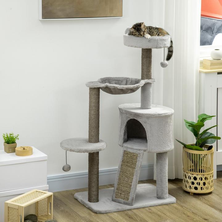 Produktbild PawHut Kratzbaum mit Katzenhöhle (113 cm, Grau, Hellgrau)