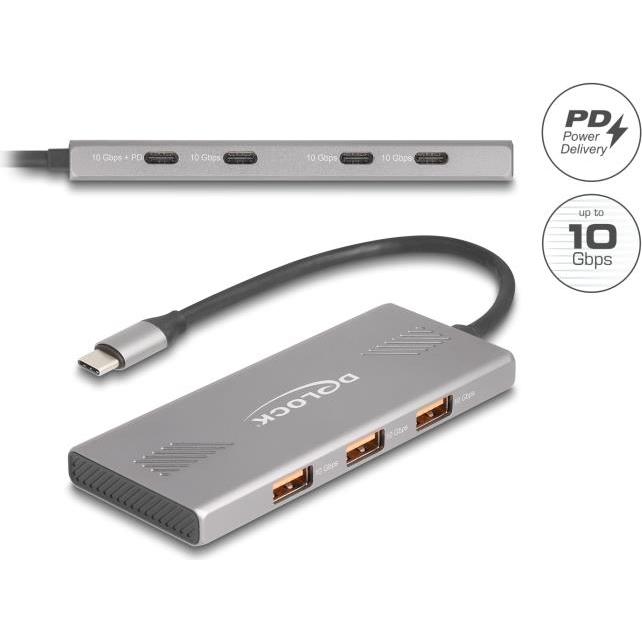 Delock 7 Port USB Hub 10 Gbps mit 4 x USB Type-C Buchse und (USB-C, 7 Ports), Dockingstation + USB Hub, Grau