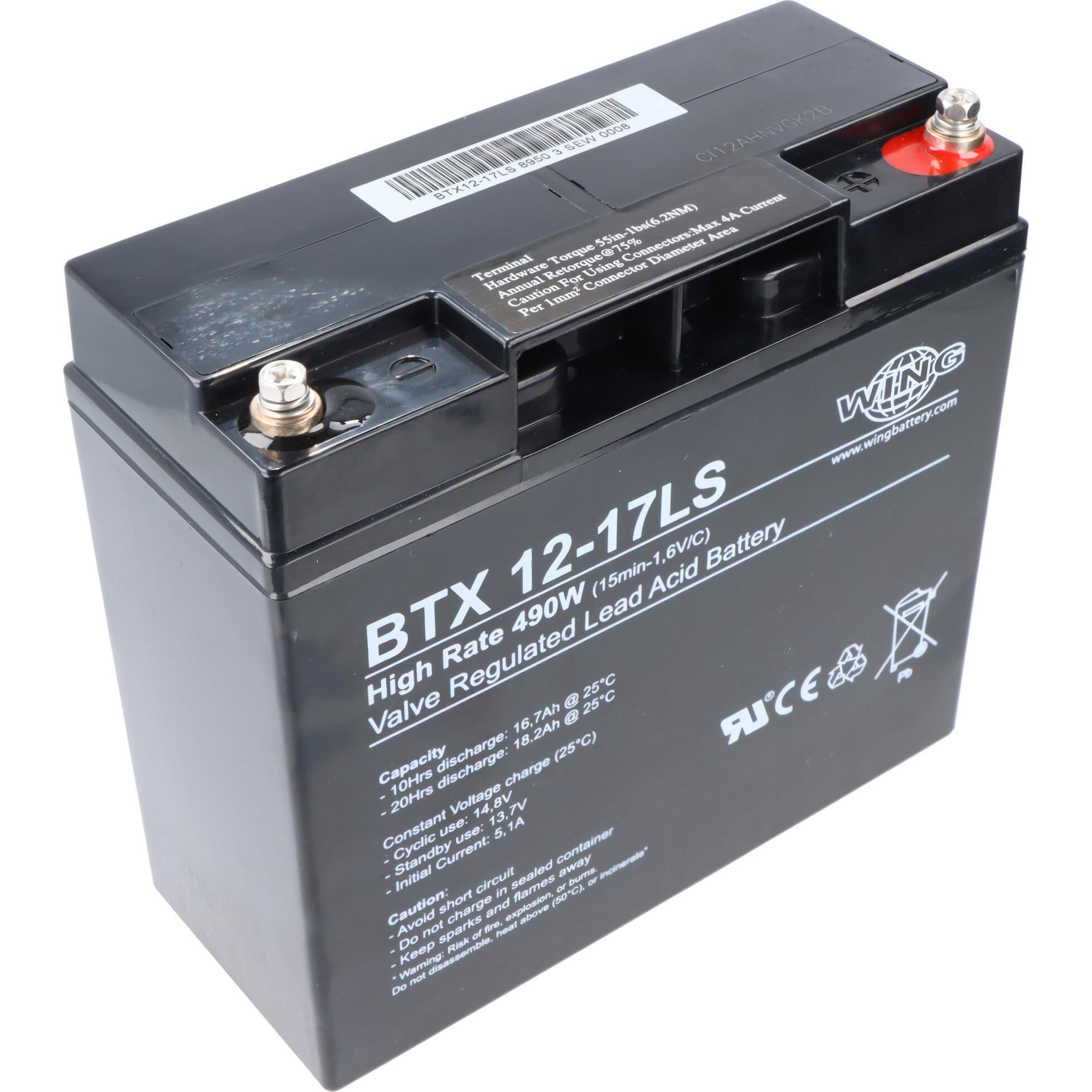Wing, Versorgungsbatterie, BTX12-17LS 12V 17Ah high rate hochstromfähig Bleiakku AGM Blei Gel Akku (12 V, 17 Ah)