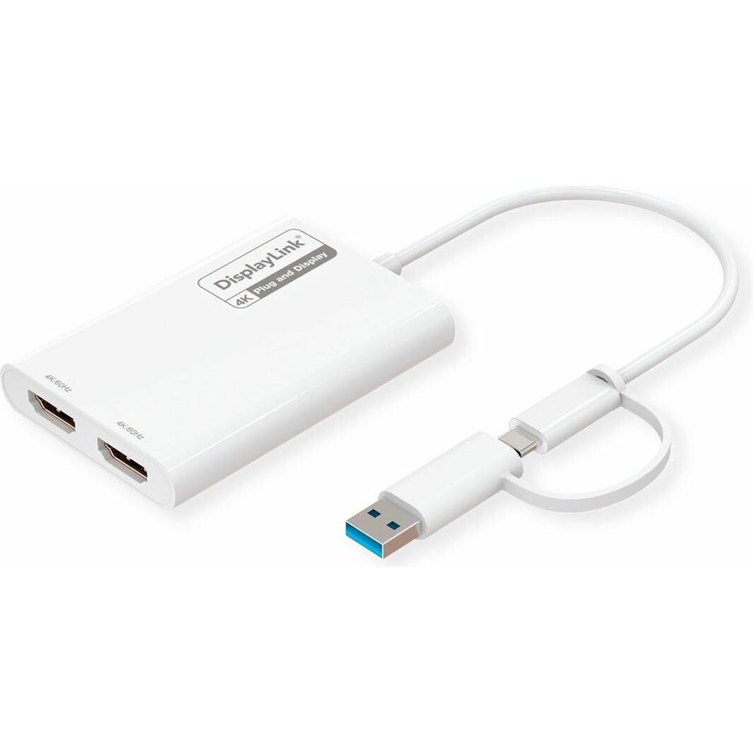Roline Adaptateur USB-C/A double HDMI DisplayLink, 4K60 (USB-C, USB-A, 18 cm), Adattatore dati + video, Bianco