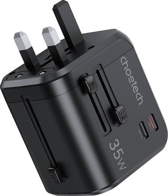 Actual product image Choetech Travel wall charger PD5008, 3xUSB-A, 1xUSB-C, GaN, 30W (black) (30 W, 2 ports)