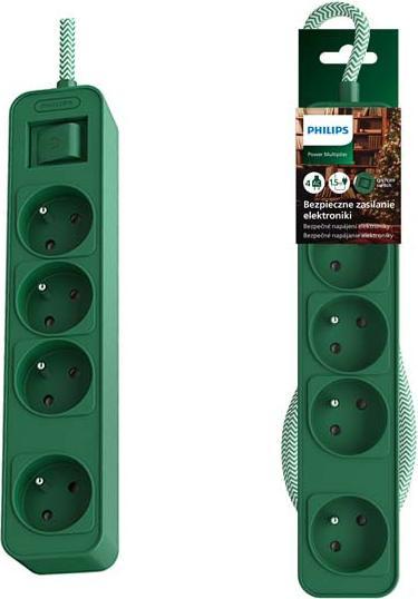 Philips Przedłużacz Listwa antyprzepięciowa 4 gniazda 1,5m zielona (4 x, 1.50 m)