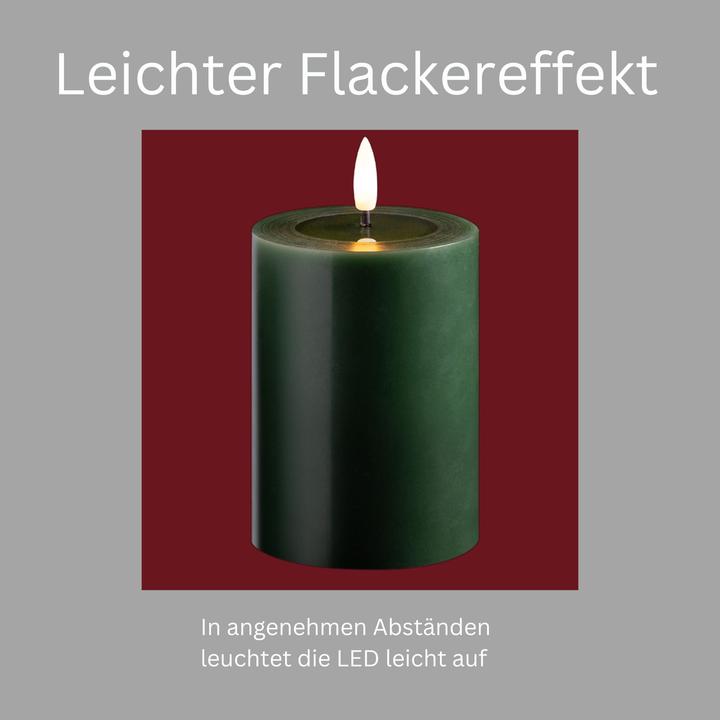Produktbild Novaliv Kleine LED Stumpenkerze mit Timer grün 7,5cm ø, 10cm H, Echtwachspiegel ON/OFF-Timer 6H, 2 AA (1x)