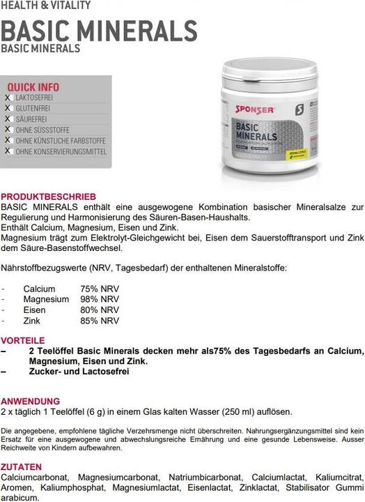 Nutritional values and ingredients Sponser Basic Minerals Powder Citrus (1 Piece, Powder, 400 g)