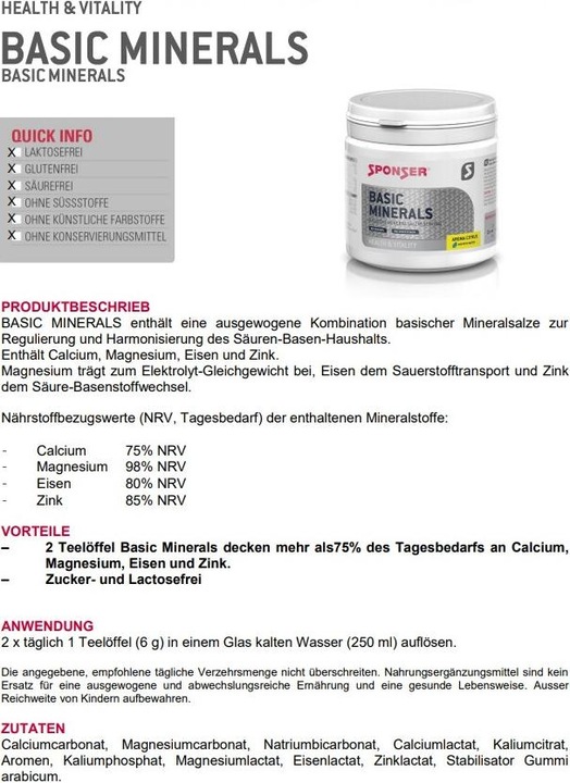 Valori nutrizionali e ingredienti Sponser Minerali di base in polvere di agrumi (1 Pezzo/i, Polvere, 400 g)