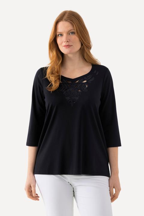 Immagine prodotto Ulla Popken Maglia classica con ricami, scollo a cuore e maniche a 3/4 (46, 48)