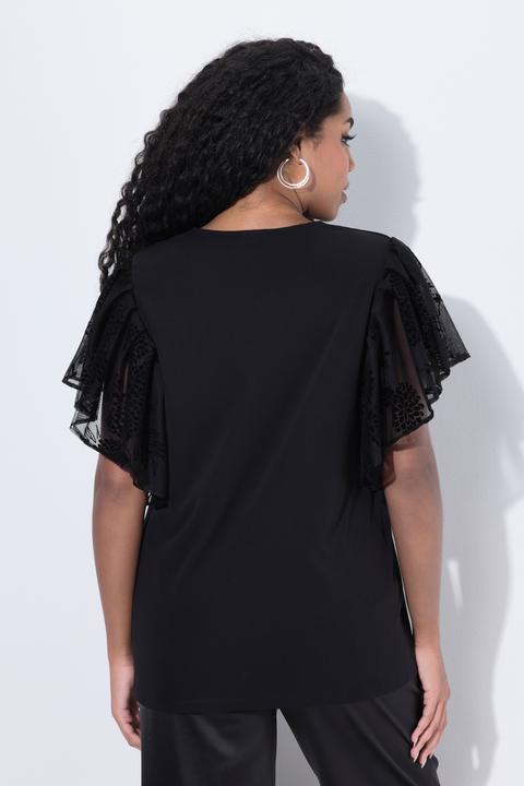 Image du produit Ulla Popken T-shirt décolleté en V, flocage en forme de fleurs et manches courtes chauve-souris (58)
