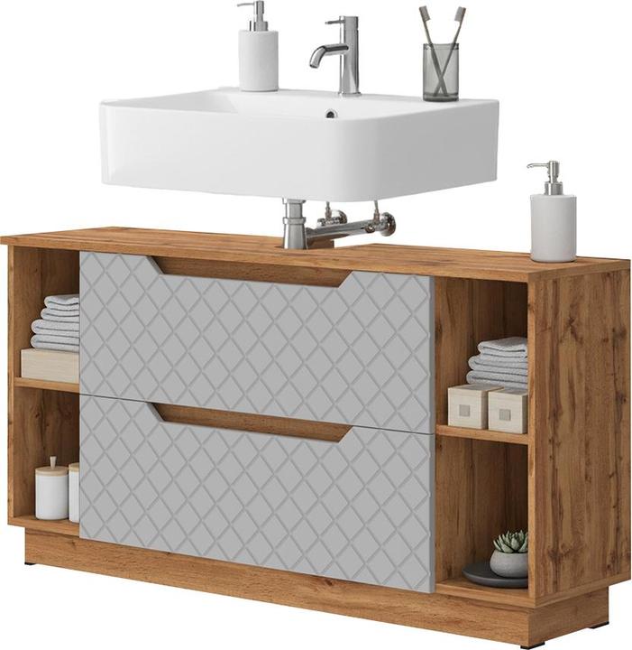 Actual product image Vicco Waschbeckenunterschrank Lotta, Eiche/Grau mit Kachelstruktur, 119.2 x 62.5 cm mit 2 Schubladen (119.20 x 32 x 62.50 cm)