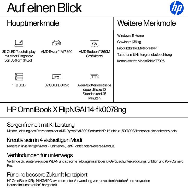 Valeurs nutritives et ingrédients HP OmniBook X Flip  14-fk0078ng (14", 1000 Go, 32 Go, DE, AMD Ryzen AI 7 350)