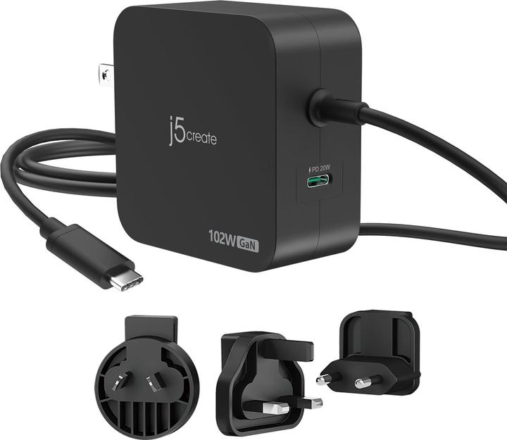 Produktbild j5Create 102-Watt-GaN-PD-USB-C-Reiseladegerät mit 2 Anschlüssen, einschliesslich austauschbaren Netzs (102 W, 2 Ports)