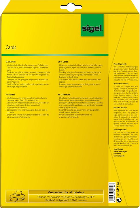 Sigel Cartes de correspondance (185 g/m², 20 x, A4)