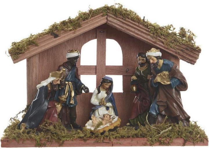 Produktbild Viana Weihnachtskrippe mit handbemalten Figuren und Moos-Basis Holz