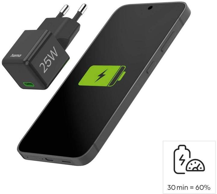 Produktbild Hama Schnellladegerät, USB-C, PD/Qualcomm®, Super-Mini-Charger, 25 W, Schwarz (25 W, 1 Port)