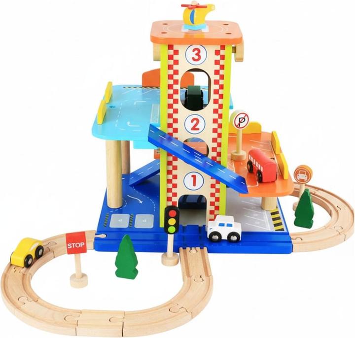 Hermex Holz-Parkhaus für Kinder mit Zubehör Parkgarage Spielzeug Spielgarage