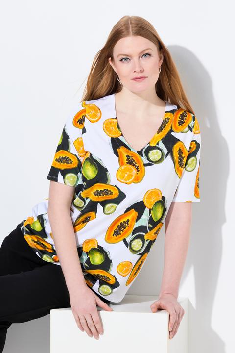 Actual product image Ulla Popken Papaya Print Short Sleeve V-Neck Slinky Tee (46, 48)