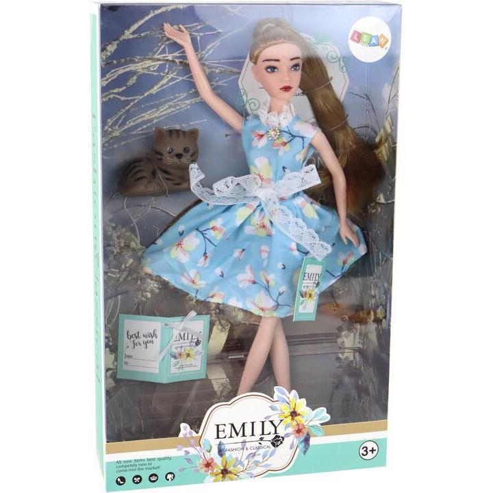 Lean Toys Kinderpuppe Emily Spring Langes Haar Blaues Kleid Kätzchen