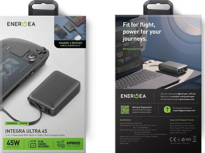 Actual product image Energea PowerBank Integra Ultra 45 3C 20000mAh cable USB-C PD45W grey (20000 mAh, 45 W)