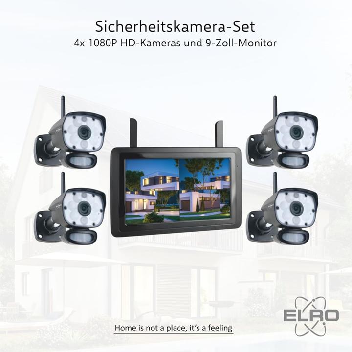 Elro CZ60RIPS-4 Draadloze 1080P HD Complete Beveiligingscamera Set - Met 4 cameras, 9 inch monitor en App (1920 x 1080 Pixels)