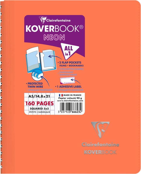 Image du produit Clairefontaine Carnet reliure intégrale enveloppante Koverbook Neon A5 160 pages petits carreaux couverture polypro (A5, Quadrillé, Non contraignant)
