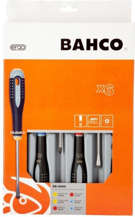 Produktbild Bahco ERGO Schraubendreher-Satz für Schlitz-, Phillips- und Pozidriv-Schrauben, gerade und flach, mit 3- (Phillipps-Kreuzschlitz (PH), Pozidriv-Kreuzschlitz (PZ), Schlitzschrauben)