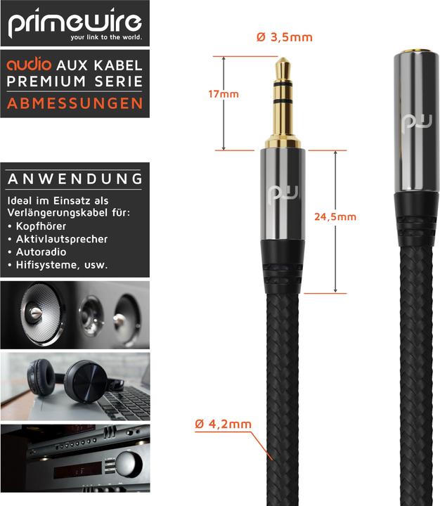 Produktbild Primewire AUX Klinkenkabel Verlängerung, Audio Verbindungskabel, Kupplung Nylonmantel, Klinke auf 3,5mm Buchse (3 m, 3.5mm Klinke (AUX))