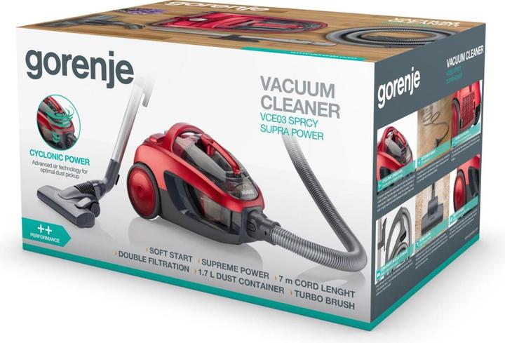 Actual product image Gorenje Vacuum cleaner VCE03SPRCY Bagless, Power 800 W, Dust capacity 1.7 L, Raudona