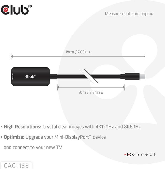 Produktbild Club 3D Mini DisplayPort™ 1.4 to HDMI™ 8K60Hz M/F Adapter (HDMI, 4.80 cm)
