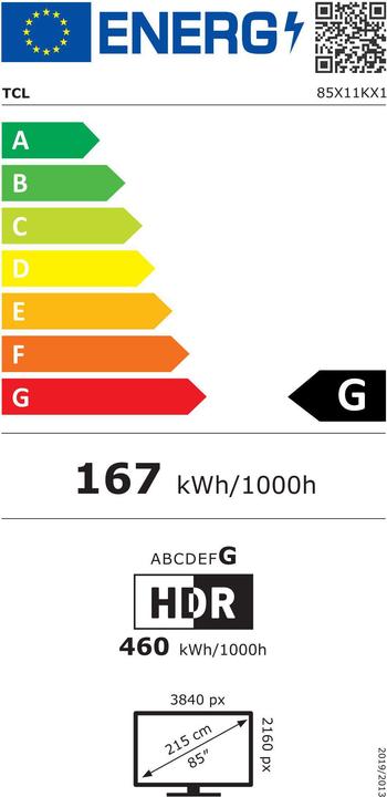 Etichetta energetica TCL 85" X11K Premium 4K QD-Mini LED Google TV (85", LED, 4K, 2025)