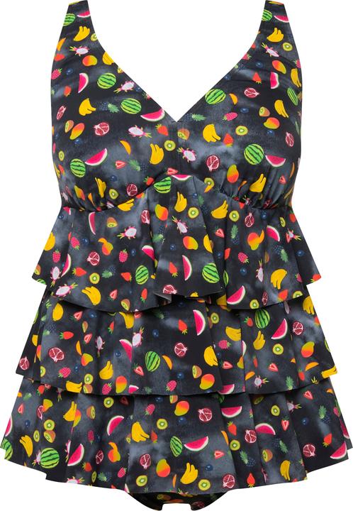 Image du produit Ulla Popken Tankini à volants, bonnets souples, matière recyclée dans un imprimé fruits (42 A)