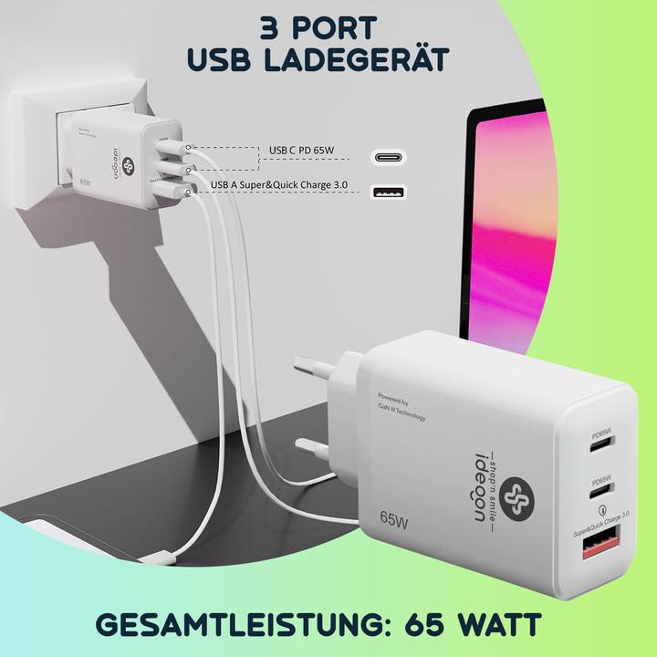 Produktbild Ideoon USB Ladegerät, 3 Ports, 65Watt, 2x USB-C und 1x USB-A, PD- & QC-Netzteil, weiss, GaN II (65 W, 3 Ports)