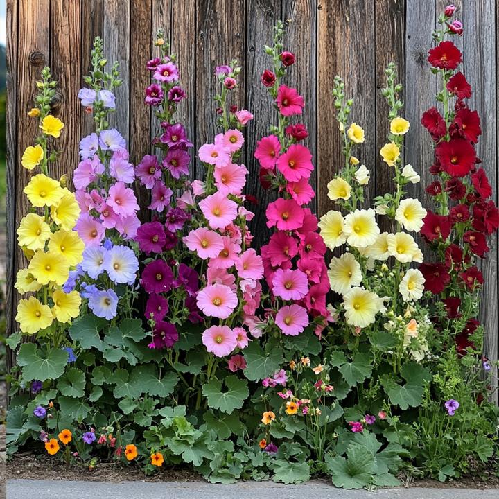 Immagine prodotto Plant in a Box Alcea rosea 'Spring celebrities' Rosso cremisi, limone, viola - miscela di 3 esemplari (25 cm)