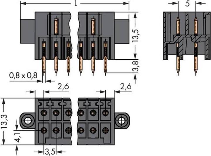 Actual product image Wago THT pin header, 2-row
