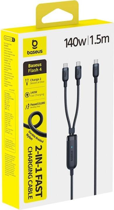 Produktbild Baseus Kabel Flash 4 140W 2w1 USB-C do USB-C + USB-C 1.5 m - czarny (1.50 m, 140 W)