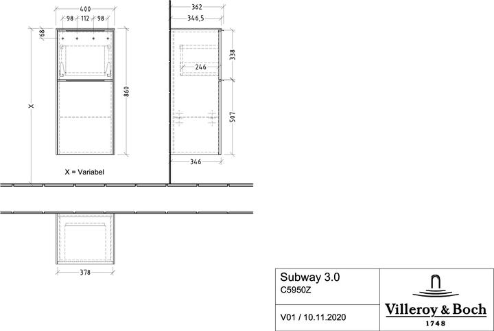 Immagine prodotto Villeroy & Boch Subway 3.0, mobile laterale, 1 cassetto e 1 fermaporta (cerniera) a destra, C595