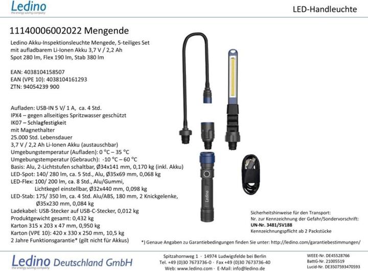 Produktbild Ledino Akku-Inspektionsleuchte Mengede mobile Leuchte, Li-Ionen Akku 3,7 V / 2,2 Ah (140 lm)
