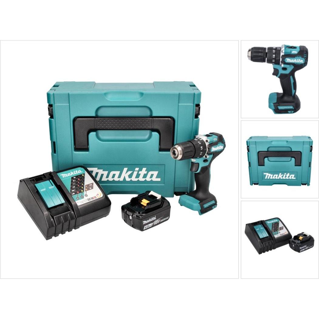Makita, Bohrmaschine + Akkuschrauber, DHP 487 RM1J Akku Schlagbohrschrauber 18 V 40 Nm Brushless + 1x Akku 4,0 Ah + Lade...