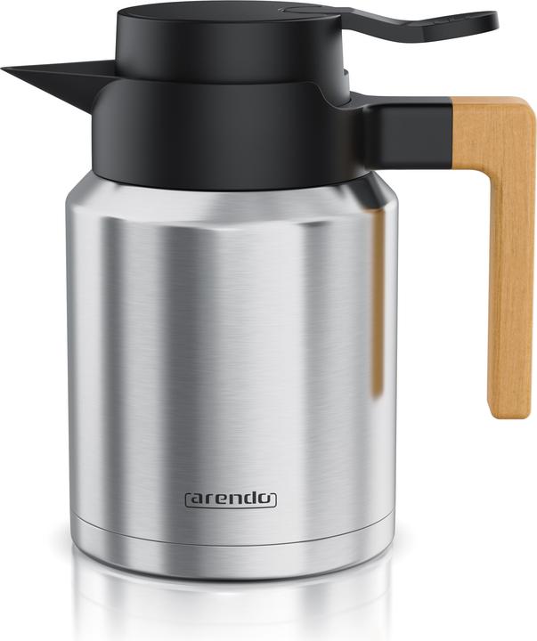 Arendo Isolierkanne 1,2 L, Thermoskanne Edelstahl mit Holzgriff, doppelwandig, auslaufsicher, 1200 ml (1.20 l)