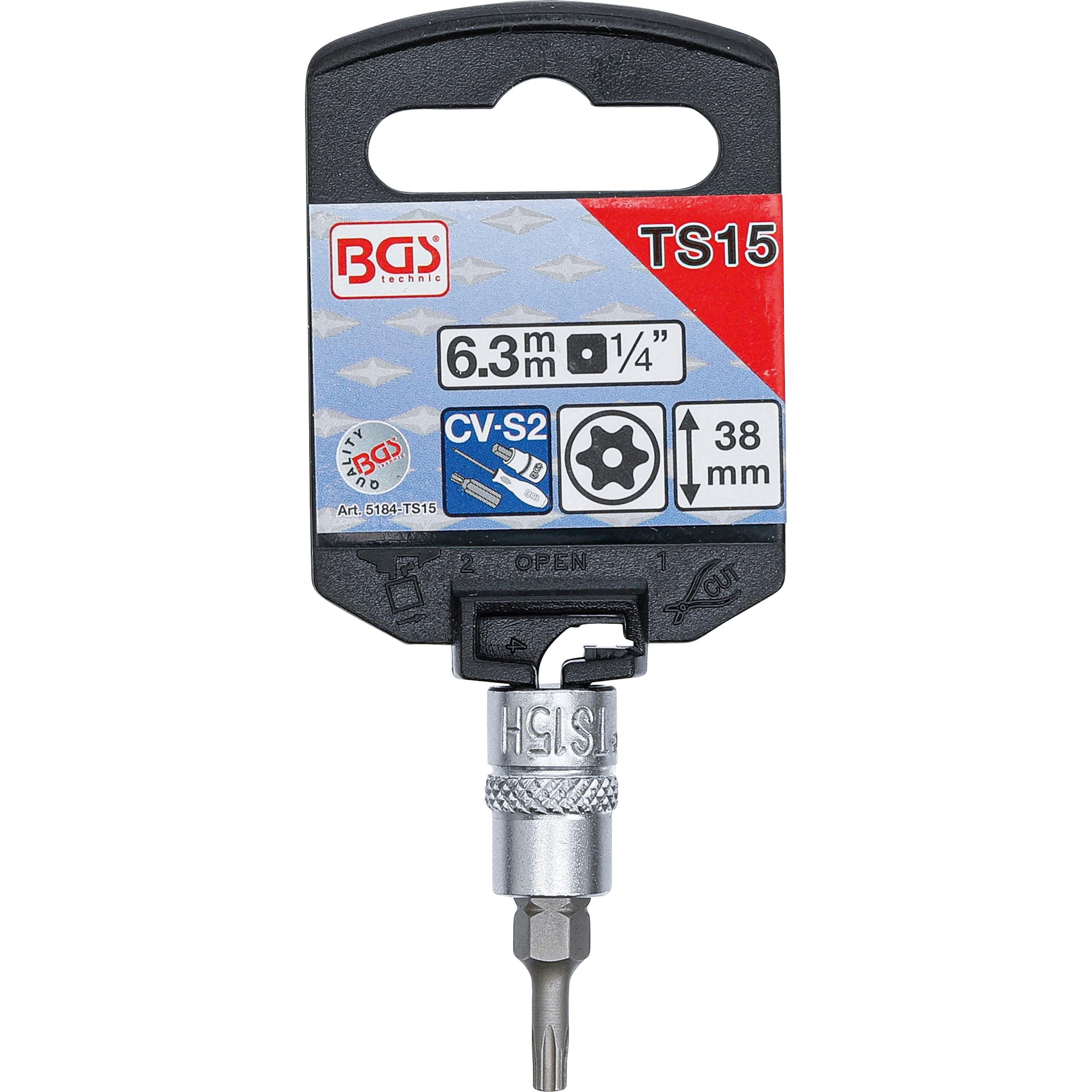 Thumbnail - BGS, Bits, Bit-Einsatz Antrieb Innenvierkant 6,3 mm (1/4") TS-Profil (für Torx Plus) mit Bohrung TS15 (6,3 mm)