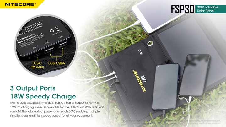 Actual product image Nitecore FSP30 foldable solar panel with max. 30W with USB-C 2x USB-A output (30 W, 0.63 kg)