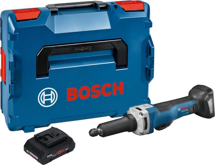 1x Bosch GGS 18V-23 PLC Professional Akku Geradschleifer, 1x Bosch ProCORE 18 V 4,0 Ah Professional Li-Ion Akkupack, 1x Einmaulschlüssel 19 mm, 1x Einmaulschlüssel 13 mm, 1x Spannzange mit Spannmutter 6 mm