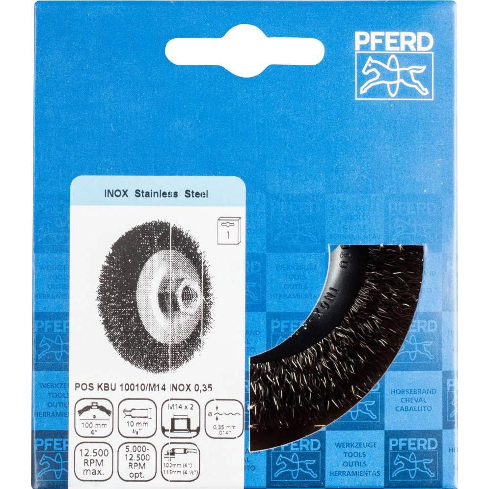Thumbnail - Pferd, Schleifmittel, Kegelbürste ungezopft KBU Ø 100 x 10 mm M14 Edelstahl Draht 0,35 für Winkelschleifer 1 St.